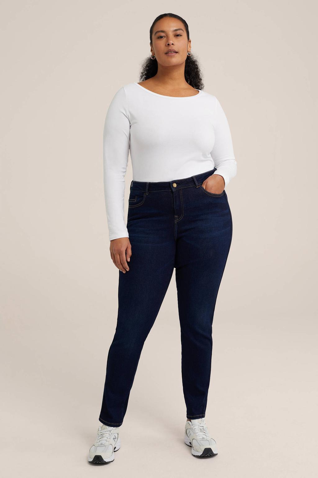 Witte dames WE Fashion Curve longsleeve van katoen met effen, lange mouwen en boothals