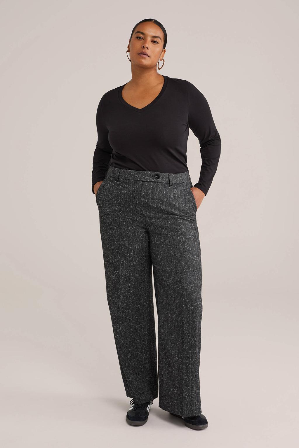 Zwarte dames WE Fashion Curve longsleeve van katoen met effen, lange mouwen en V-hals