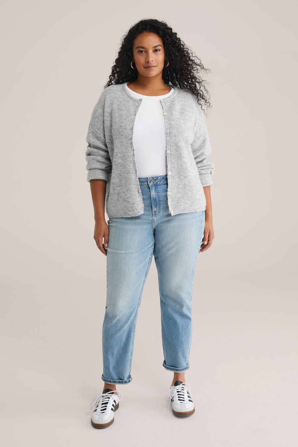 Witte dames WE Fashion Curve T-shirt van katoen met effen, korte mouwen en ronde hals