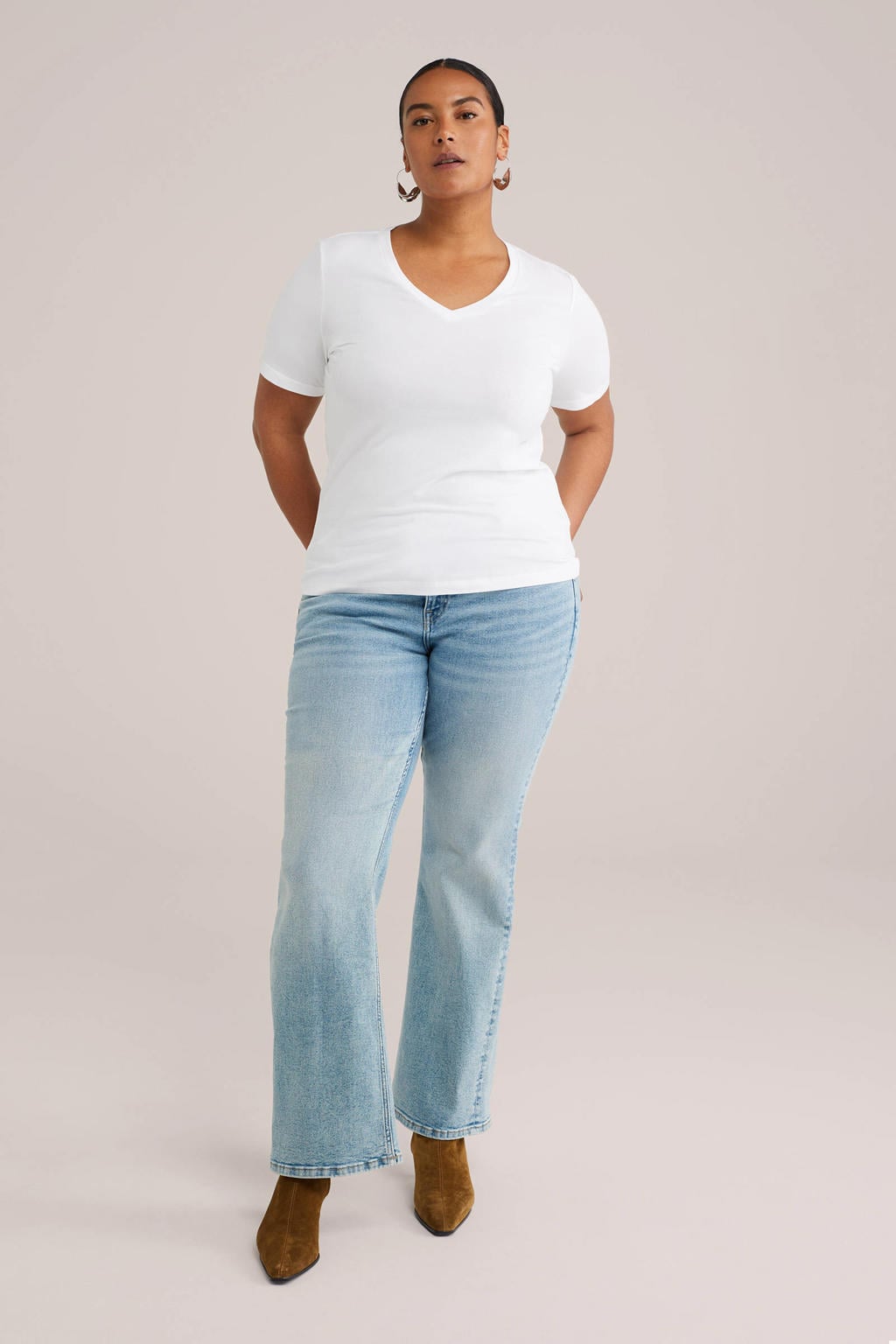 Witte dames WE Fashion Curve T-shirt katoen met korte mouwen en V-hals