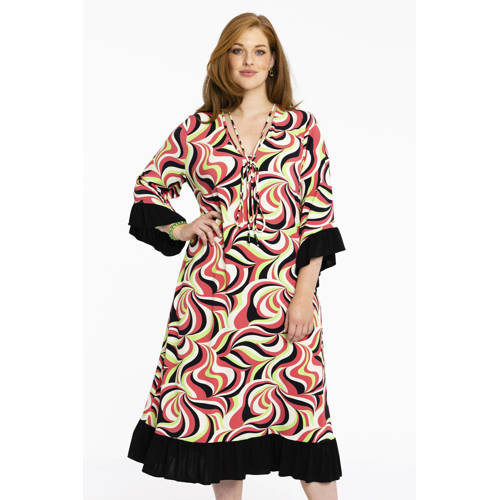 Yoek jurk DOLCE van travelstof met all over print roze/geel/zwart