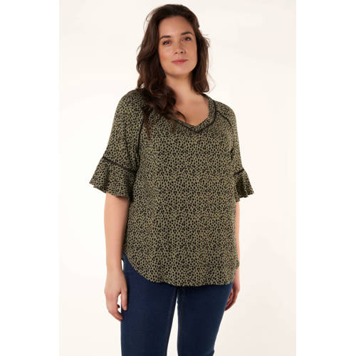 MS Mode top met contrastbies en volant met broderie kakigroen zwart