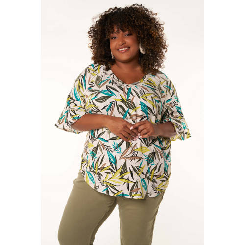 MS Mode top met contrastbies en volant met broderie gebroken wit taupe