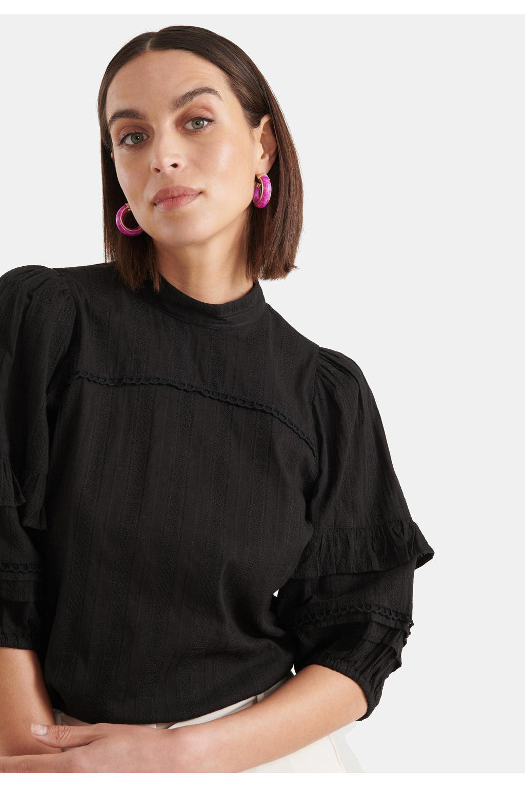 KONFEN Dames casual V-hals tops dames blouses ruches shirts met ruches manchet button up lange mouwen shirt trui sweatshirt elegant losse pasvorm voor herfst winter lente abrikoos/roze/zwart/wit, M KONFEN Dames casual V-hals tops dames blouses ruches shirts met ruches manchet button up lange mouwen shirt trui sweatshirt elegant losse pasvorm voor herfst winter lente abrikoos/roze/zwart/wit, M