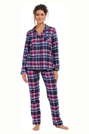 flanellen pyjama donkerblauw/roze