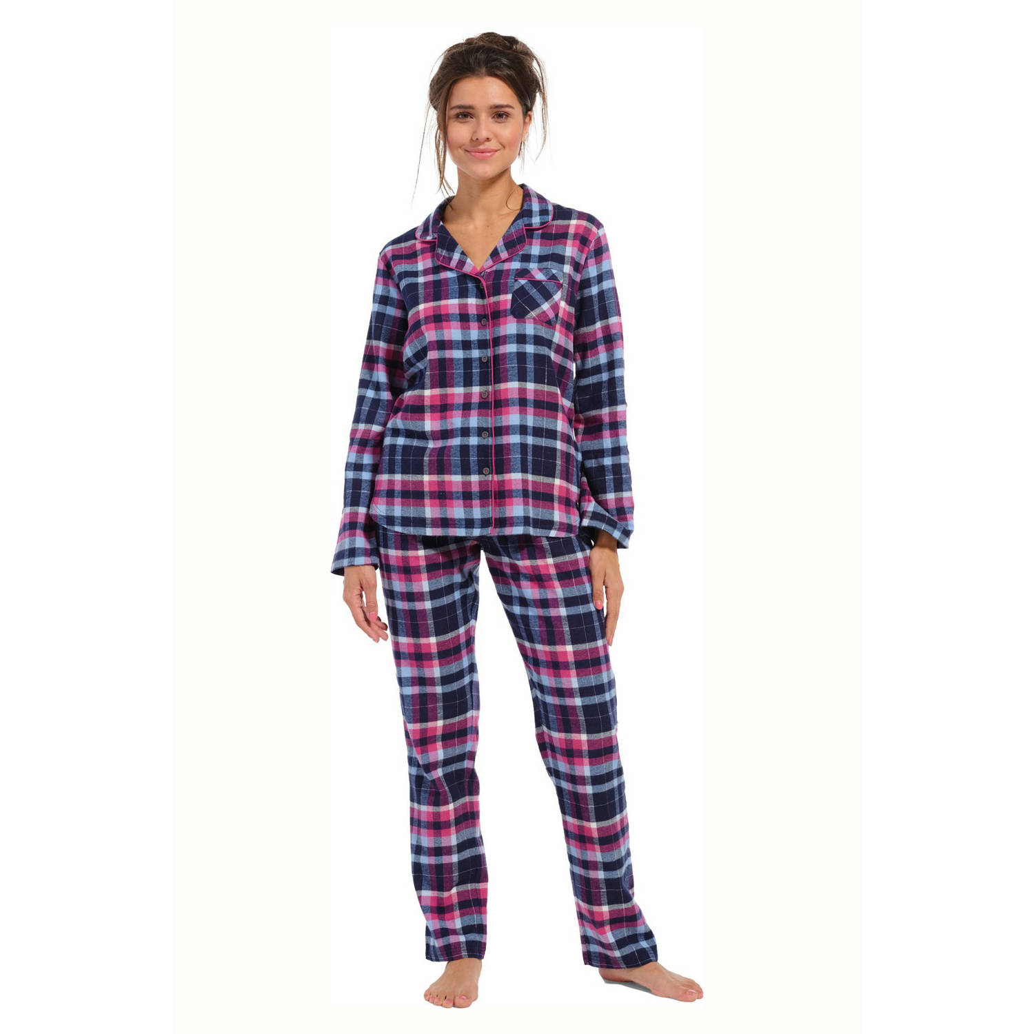 Rebelle flanellen pyjama donkerblauw roze