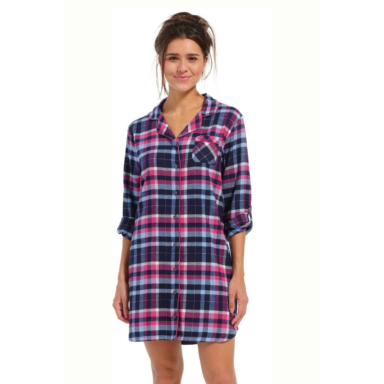 Rebelle flanellen nachthemd donkerblauw roze
