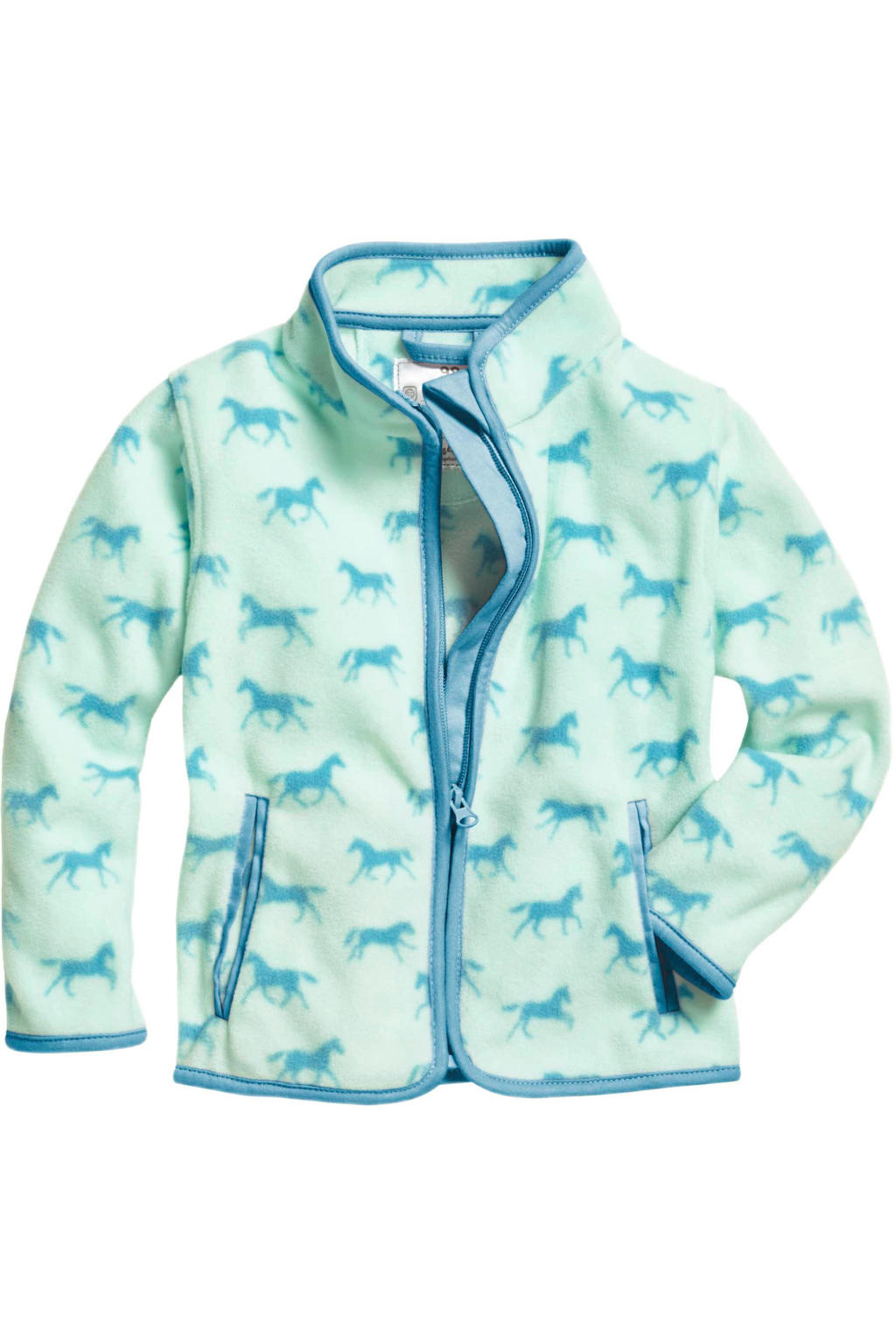Turquoise meisjes Playshoes fleece vest over paarden print met lange mouwen, opstaande kraag en ritssluiting