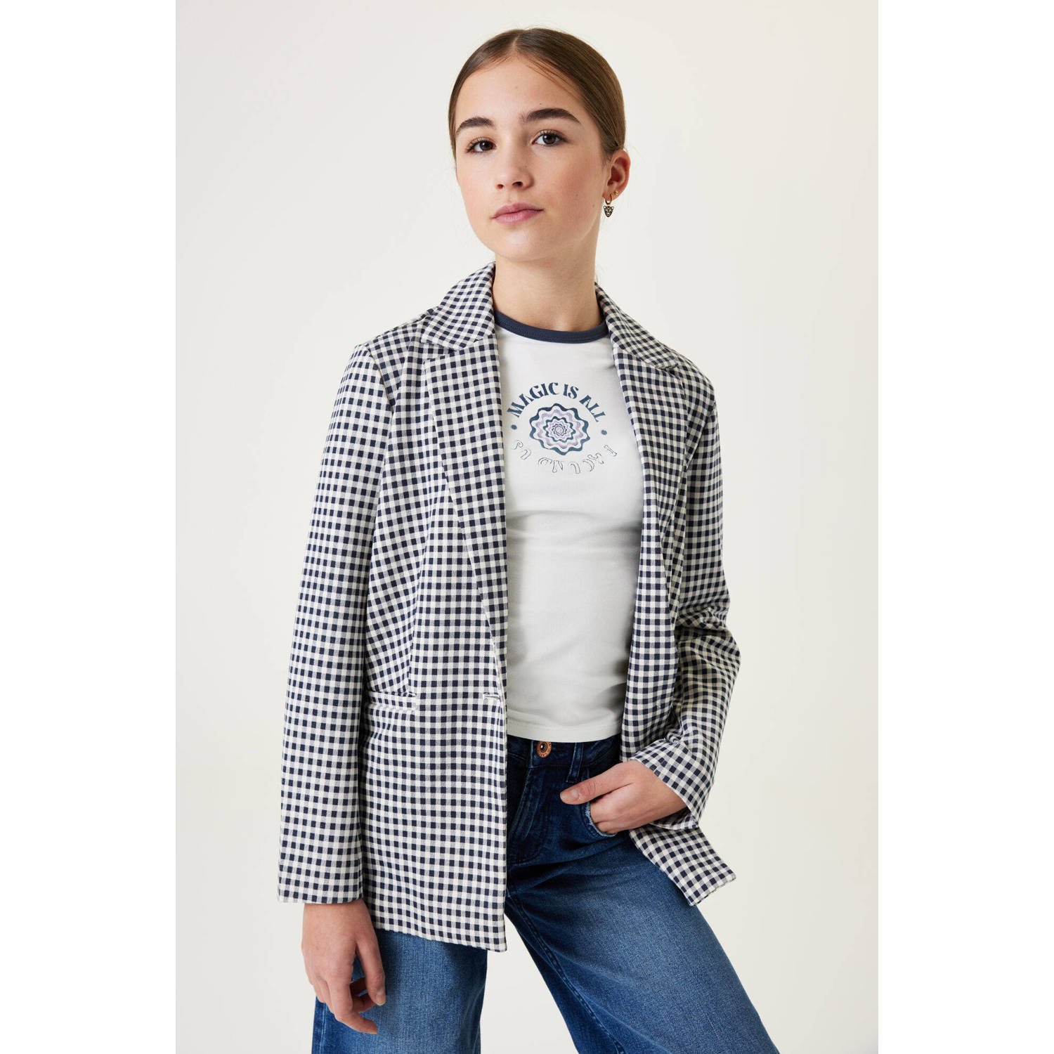 Garcia geruite blazer zwart wit Meisjes Polyester Klassieke kraag Ruit 128 134