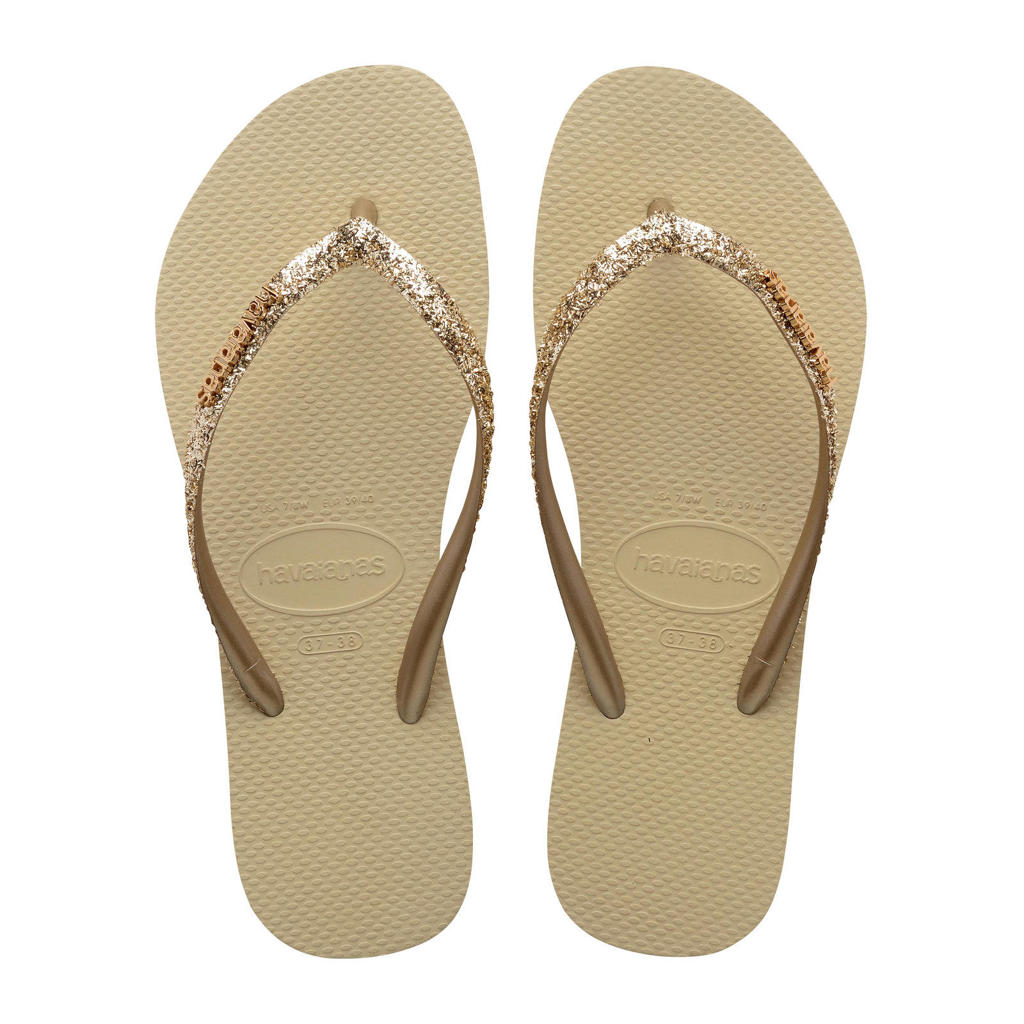 Beige meisjes Havaianas teenslippers met glitters van pvc/rubber
