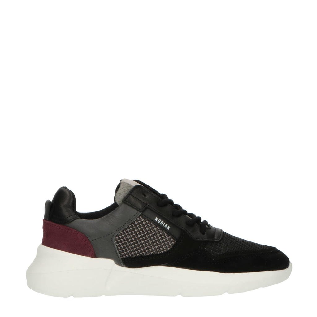 Zwart en donkerrode jongens Nubikk sneakers van leer met veters