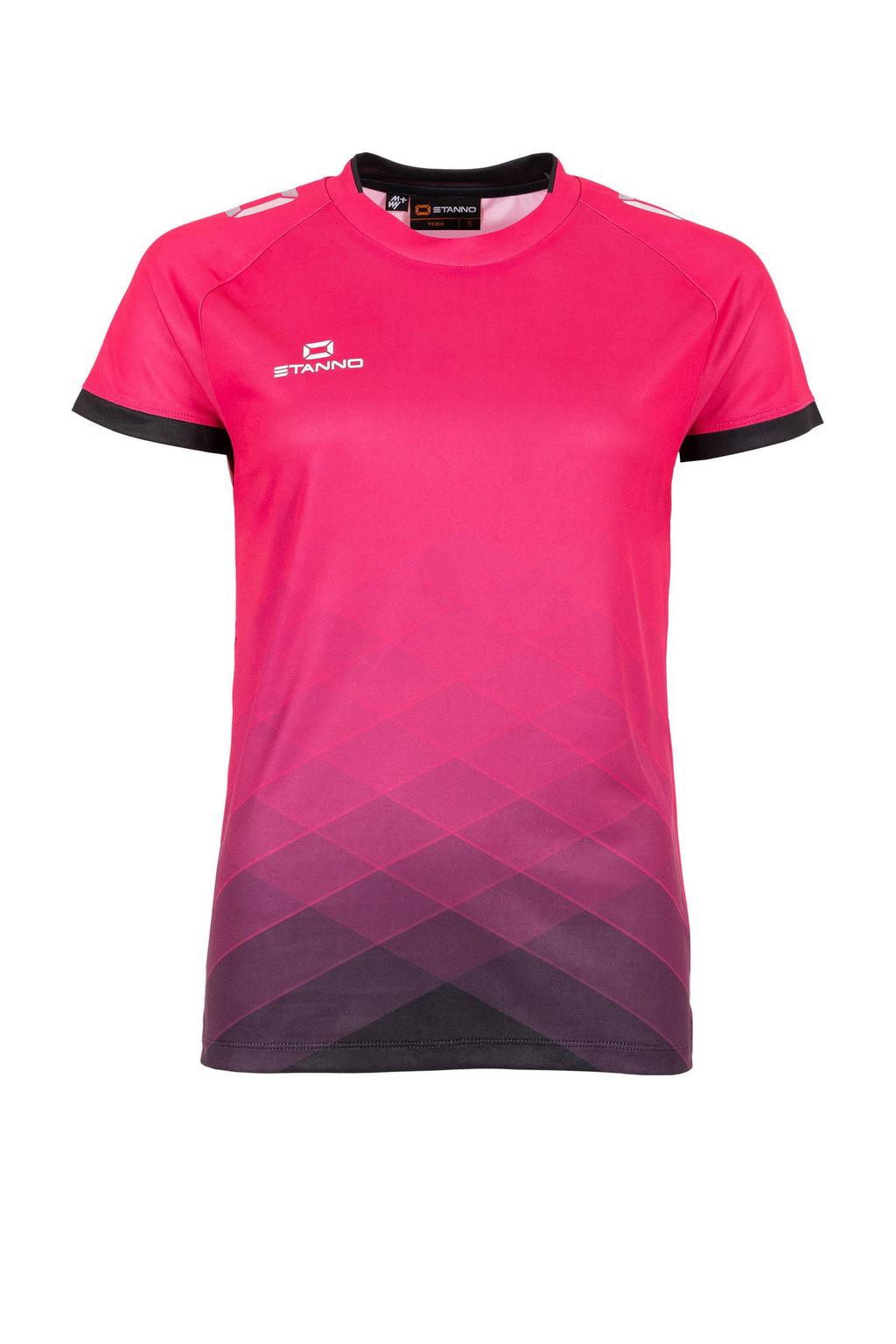 Roze en zwarte dames Stanno voetbalshirt van polyester met meerkleurige print, korte mouwen en ronde hals