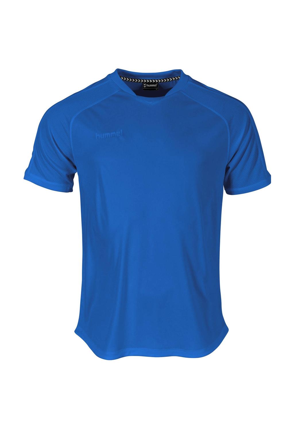 Blauwe heren hummel senior voetbalshirt van polyester met effen, korte mouwen en ronde hals