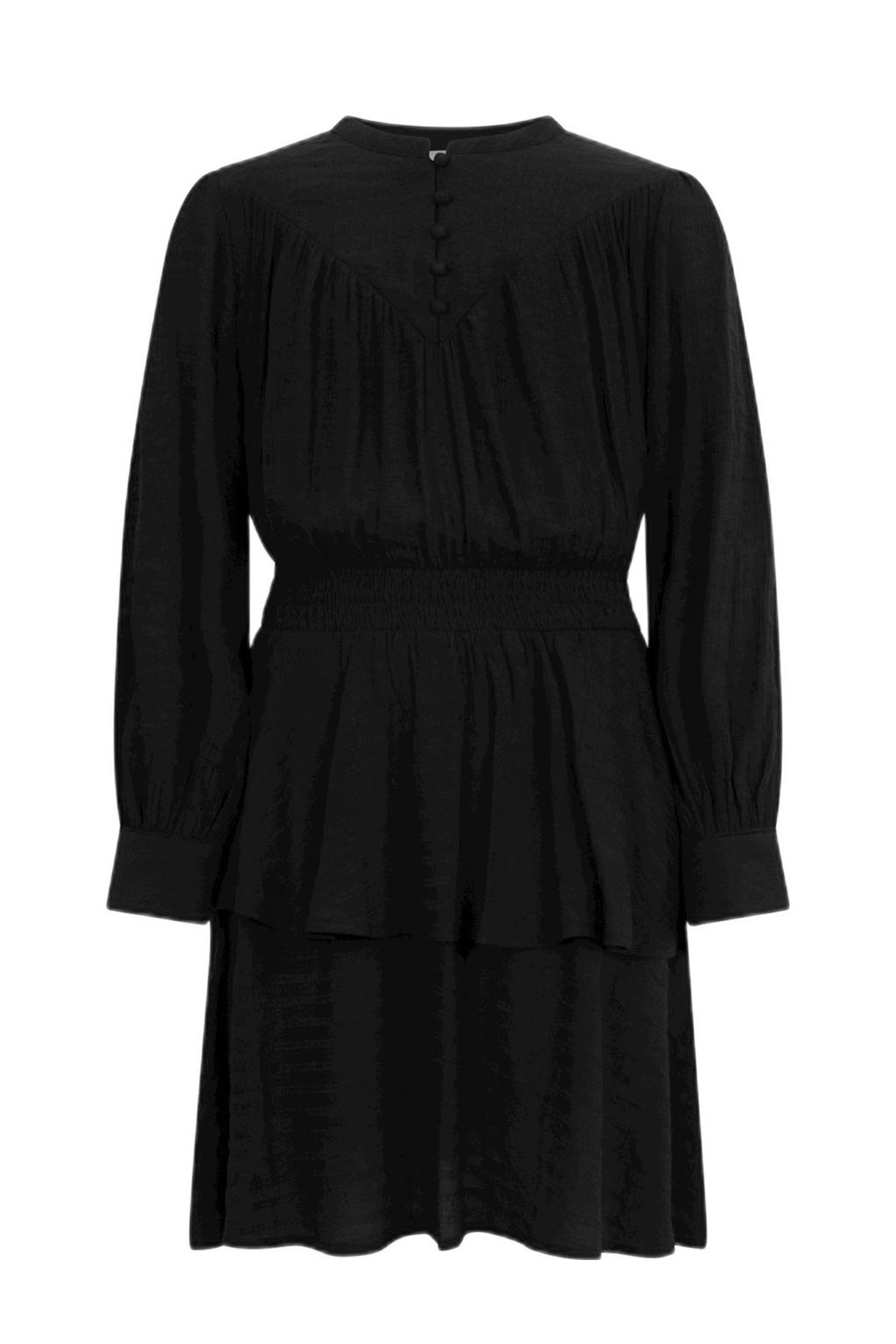 Zwarte meisjes AI&KO jurk Damara van viscose met lange mouwen, ronde hals, knoopsluiting en smockwerk