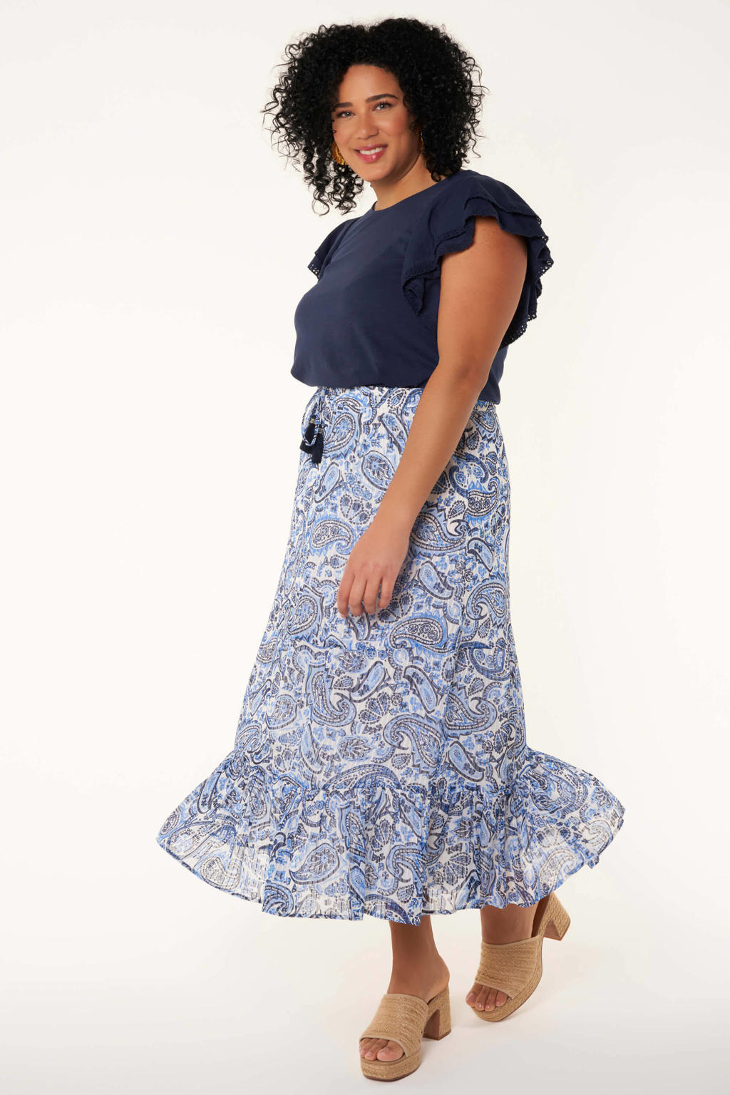 MS Mode midi rok met paisleyprint en volant blauw/wit | wehkamp