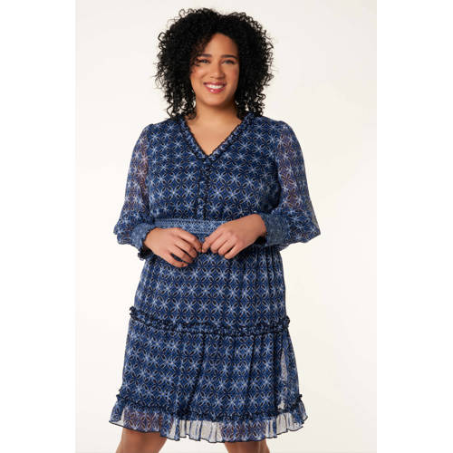 MS Mode semi-transparante jurk met all over print en borduursels donkerblauw lichtblauw