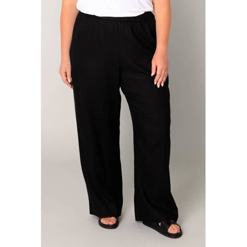 Base Level Curvy wide leg broek Yula met linnen zwart afbeelding