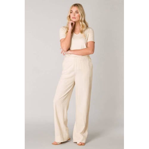 Base Level loose fit broek Yul met linnen beige afbeelding