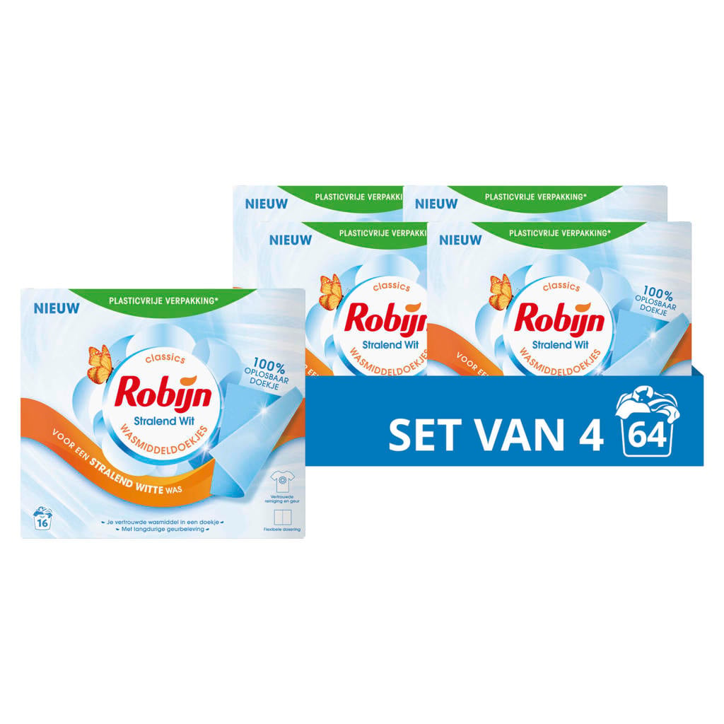 Robijn Classics Wasmiddeldoekjes Stralend Wit - 4 x 16 wasstrips - 64 wasbeurten