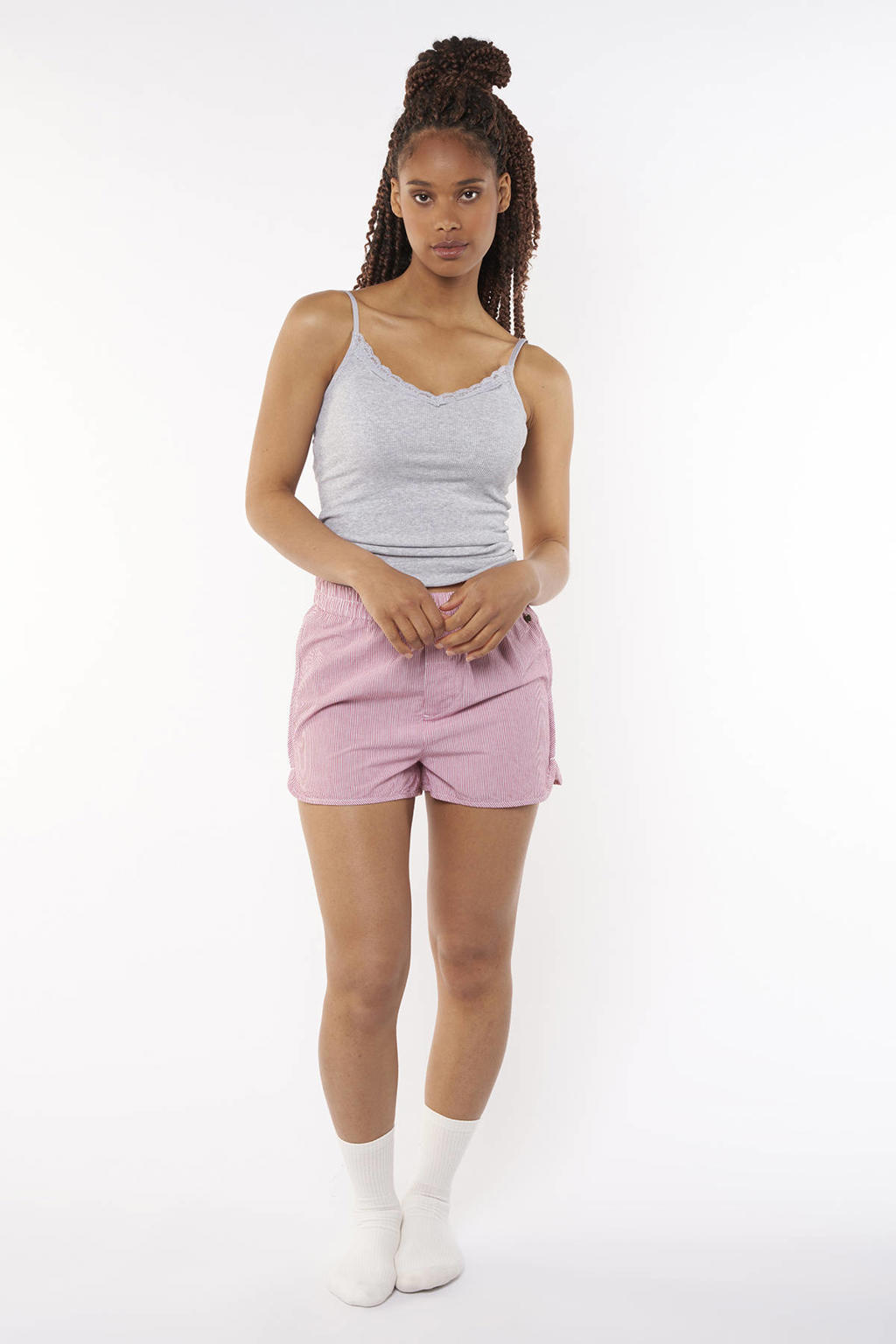 America Today ribgebreide singlet Grace met kant grijs melange