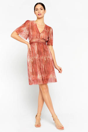 semi-transparante jurk met all over print en glitters roodbruin/ ecru