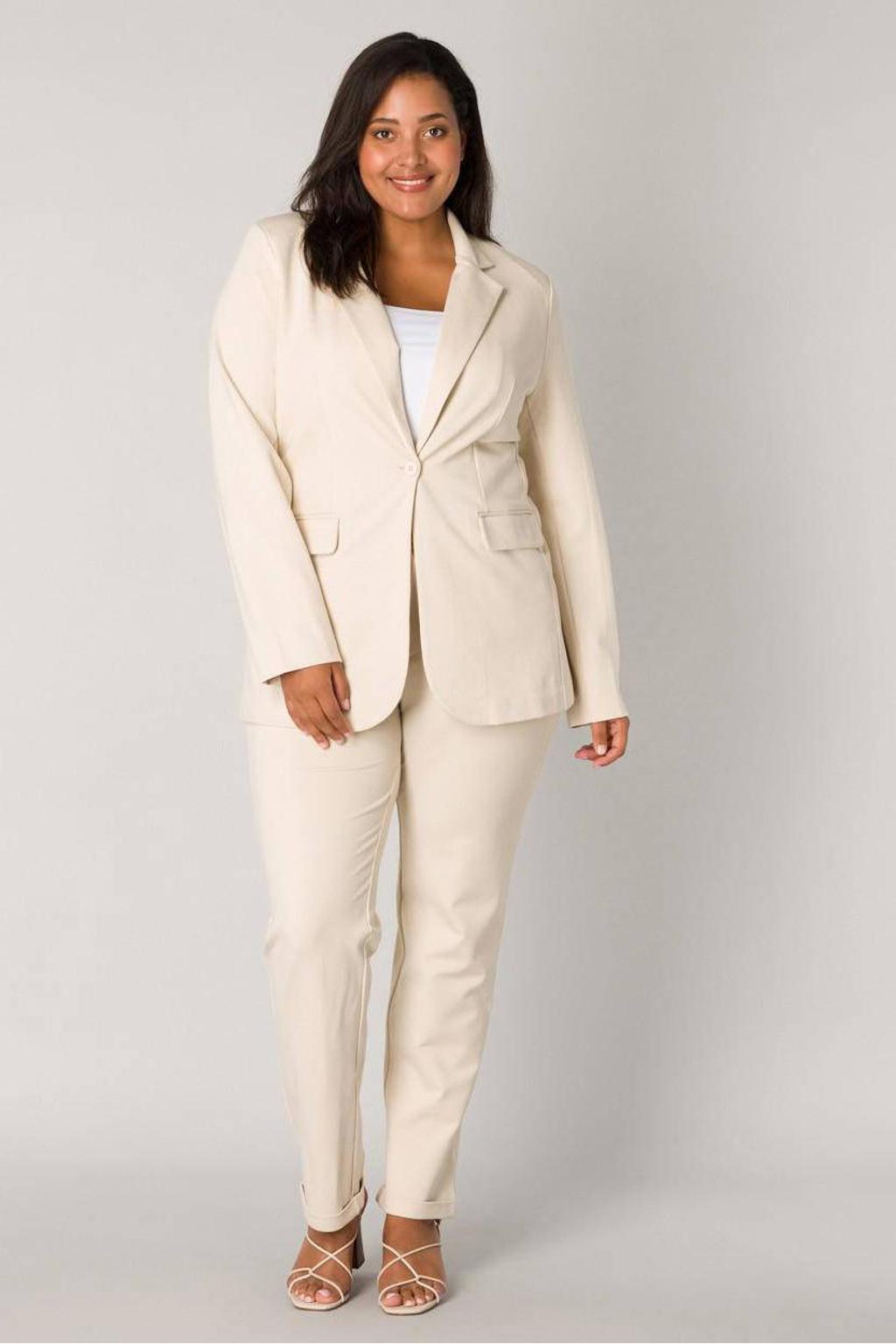 Beige dames Base Level Curvy blazer met effen, lange mouwen en knoopsluiting