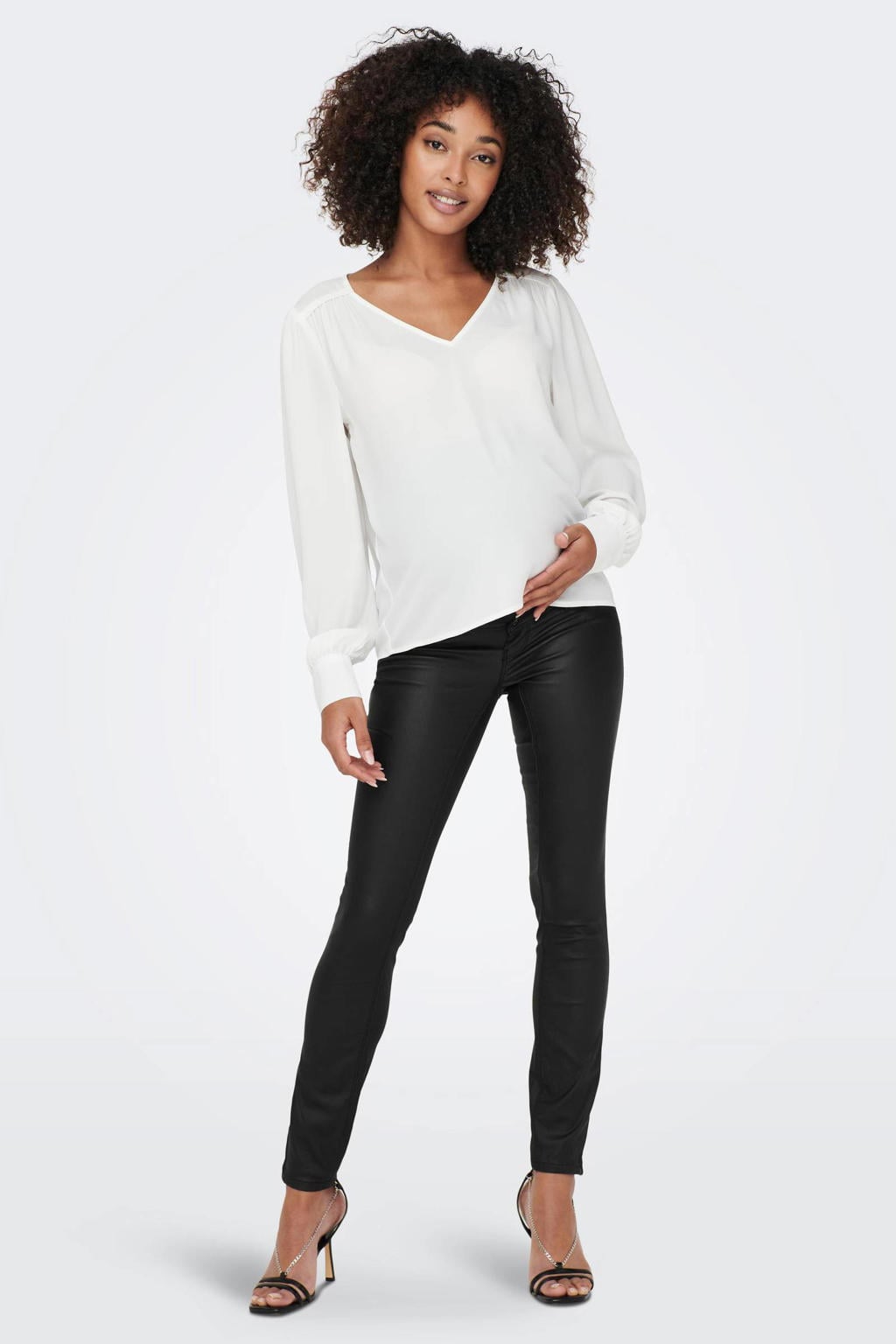 Zwarte dames ONLY MATERNITY low waist skinny zwangerschapsjeans van viscose met rits- en knoopsluiting en effen
