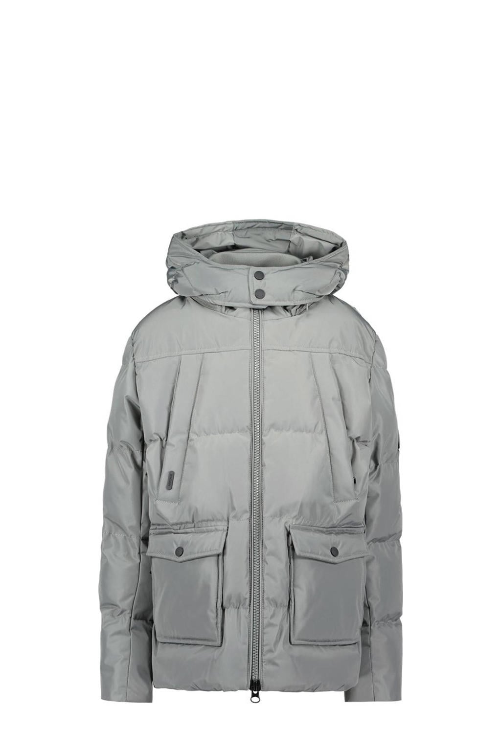 Grijze jongens Airforce gewatteerde winterjas van polyester met effen, lange mouwen, capuchon en ritssluiting