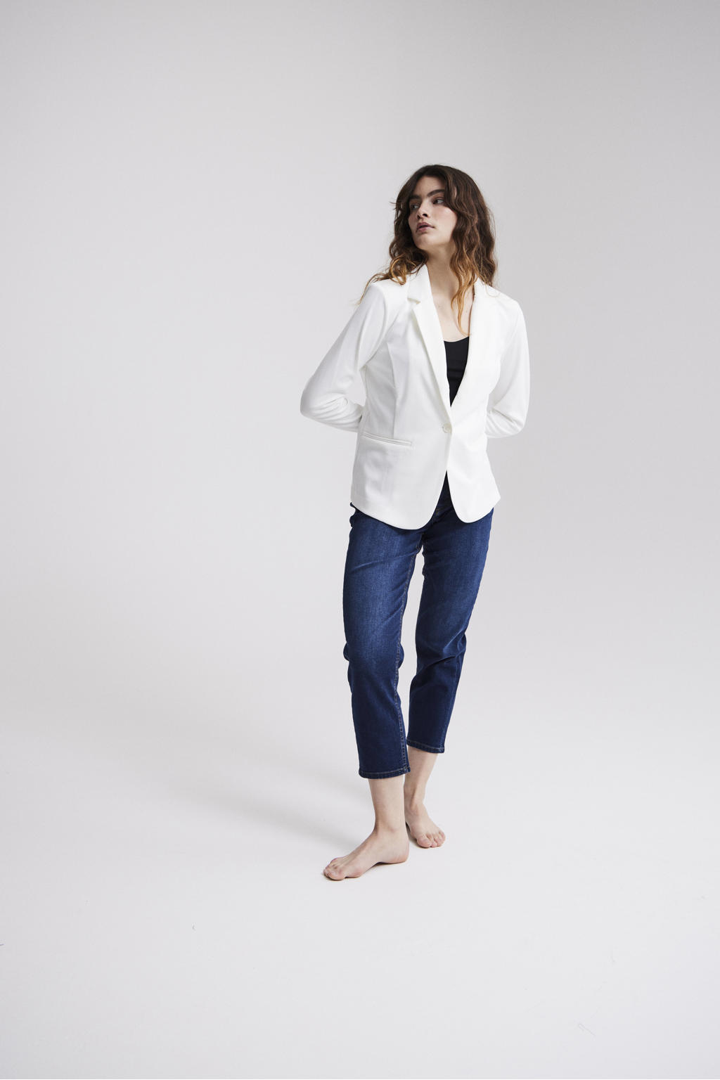 Witte dames ICHI getailleerde blazer van polyester met effen, lange mouwen, reverskraag en knoopsluiting