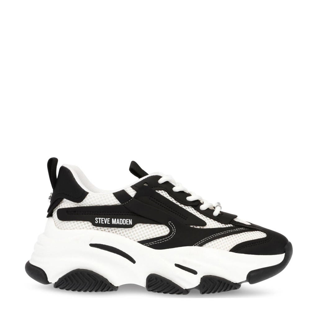 Zwart en witte dames Steve Madden Possession-E chunky sneakers van textiel met veters