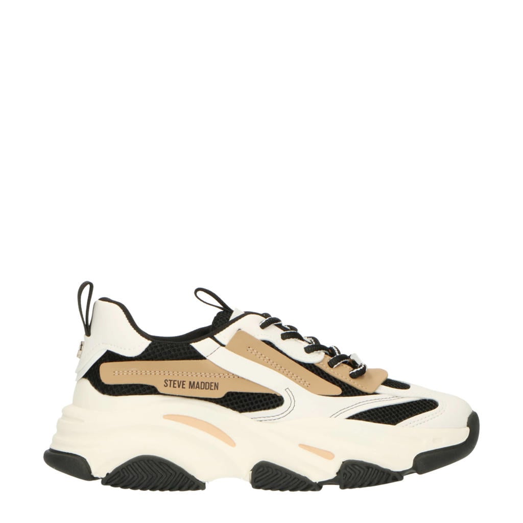 Zwart en beige dames Steve Madden Possession-E chunky sneakers van textiel met veters