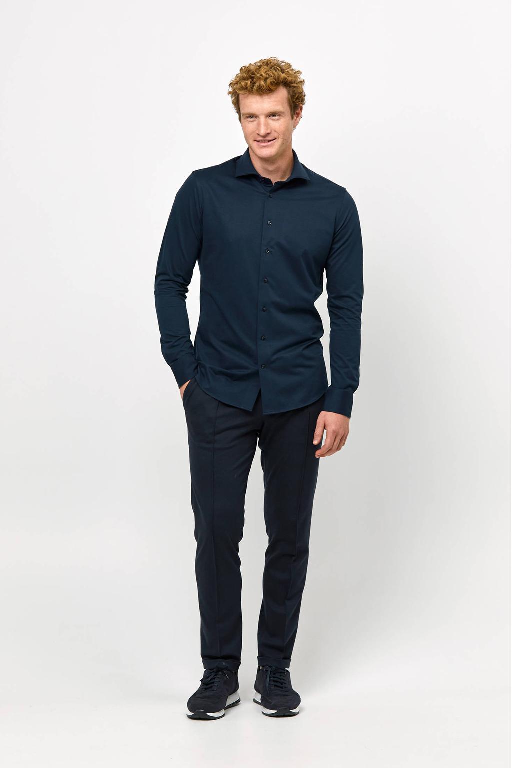 Profuomo slim fit strijkvrij overhemd met extra lange mouw navy