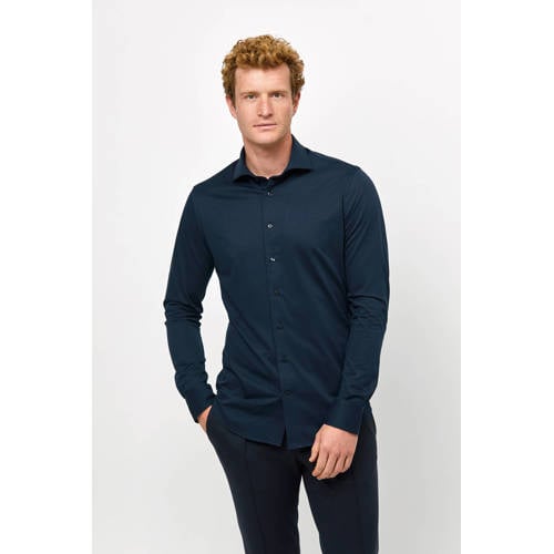 Profuomo slim fit strijkvrij overhemd met extra lange mouw navy afbeelding