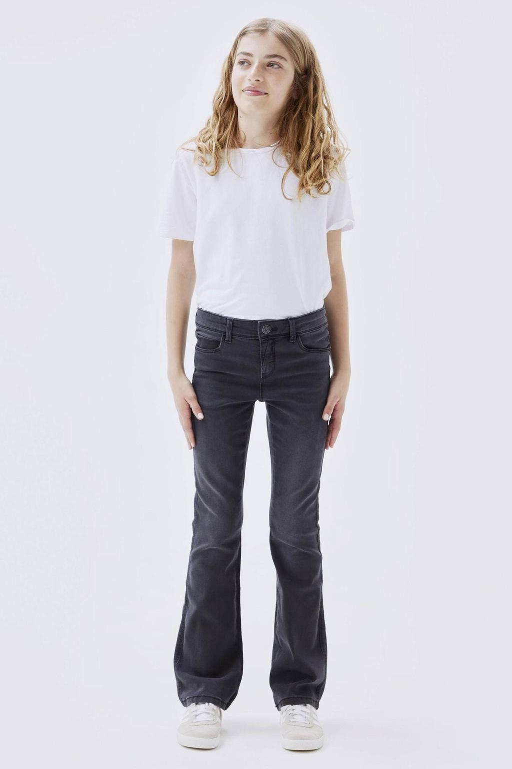 Grey denim meisjes NAME IT KIDS bootcut fit jeans van katoen met regular waist en effen