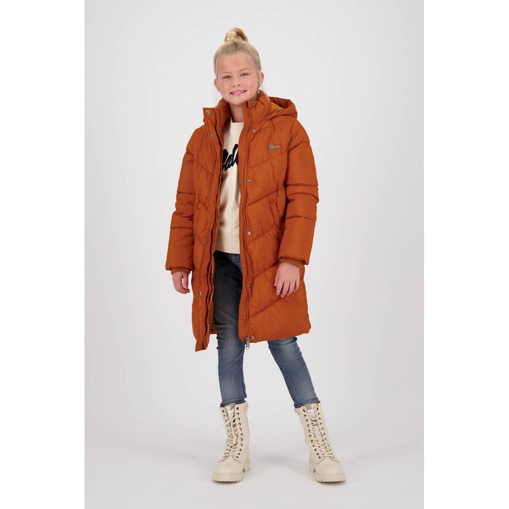 Bruine meisjes Vingino gewatteerde winterjas Tarene van polyester met effen, lange mouwen, capuchon, rits- en drukknoopsluiting en doorgestikte details