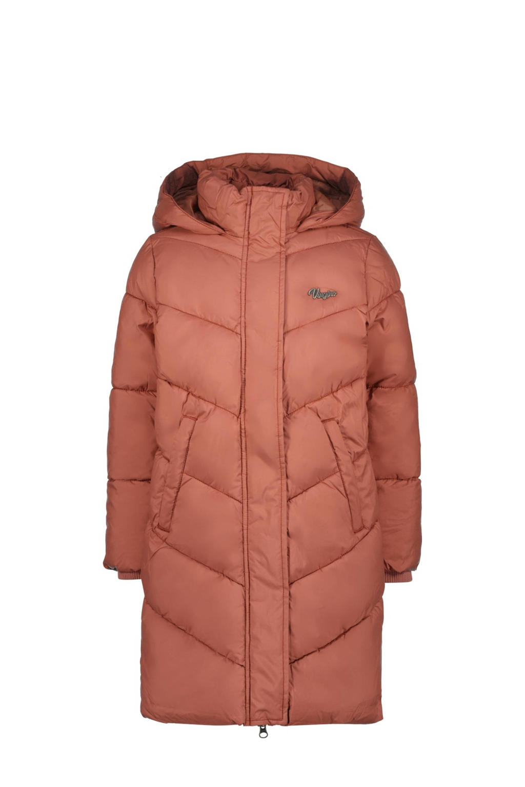 Roze meisjes Vingino gewatteerde winterjas Tarene van polyester met effen, lange mouwen, capuchon, rits- en drukknoopsluiting en doorgestikte details