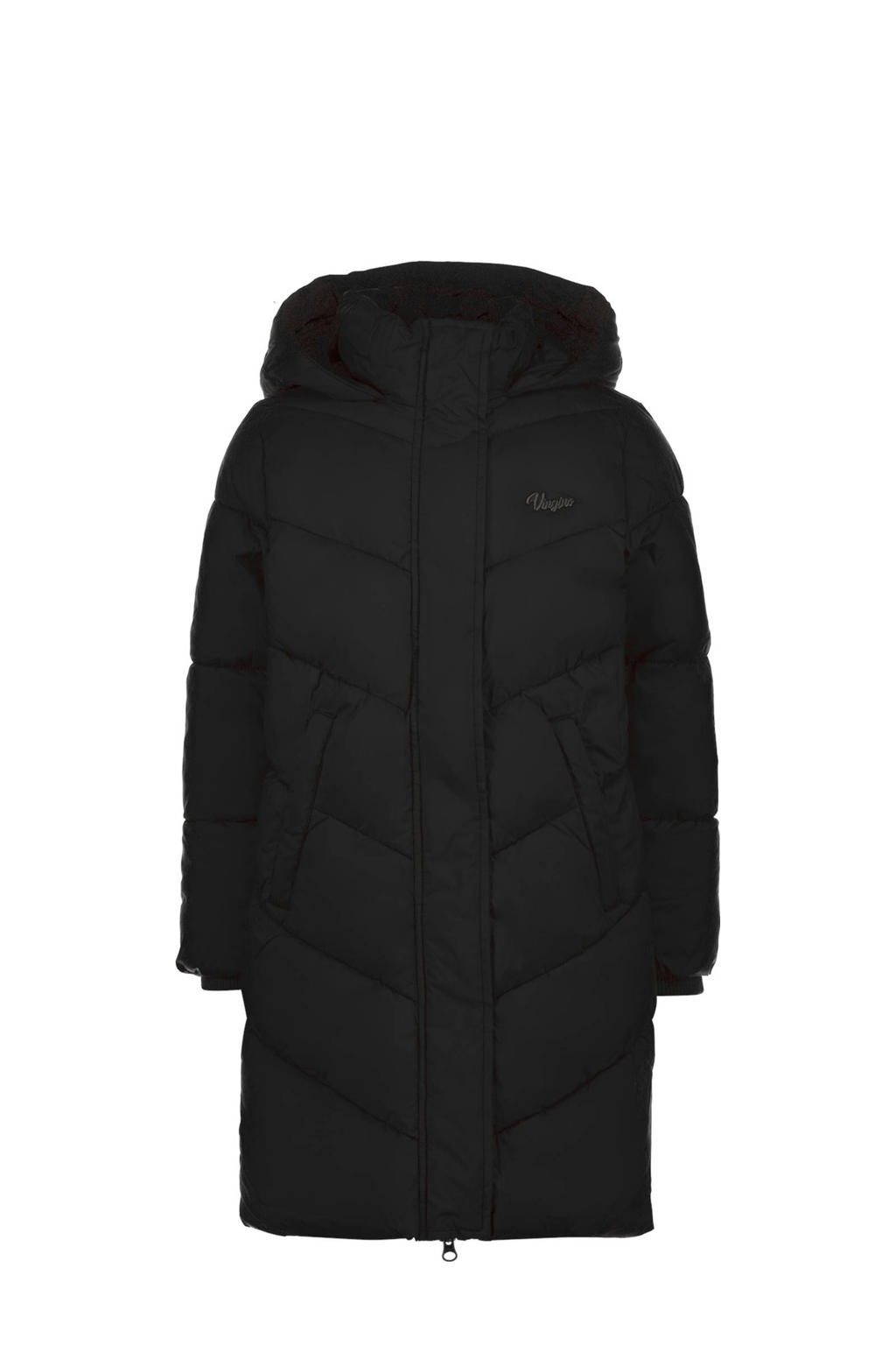 Zwarte meisjes Vingino gewatteerde winterjas Tarene van polyester met effen, lange mouwen, capuchon, rits- en drukknoopsluiting en doorgestikte details