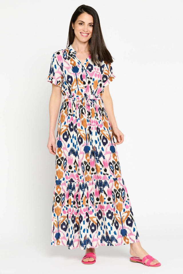 LOLALIZA maxi jurk met all over print en volant marine/ roze | wehkamp