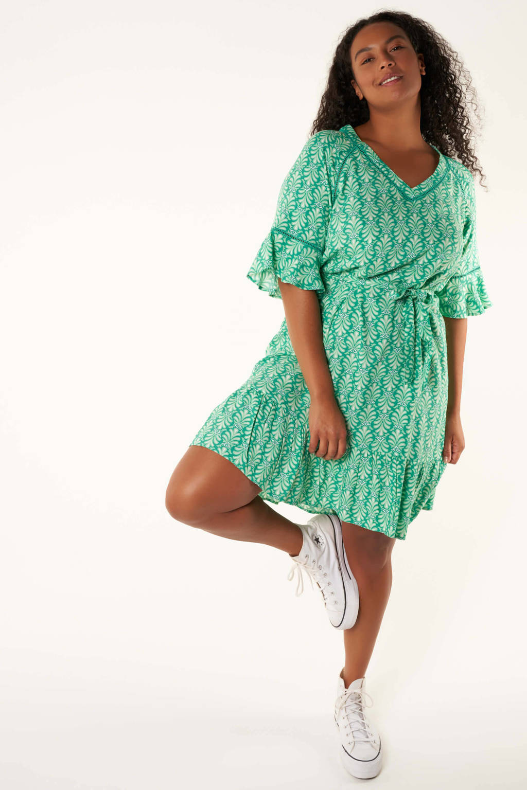 Houden Voorzitter Nat MS Mode jurk met all over print en volant groen/ecru | wehkamp