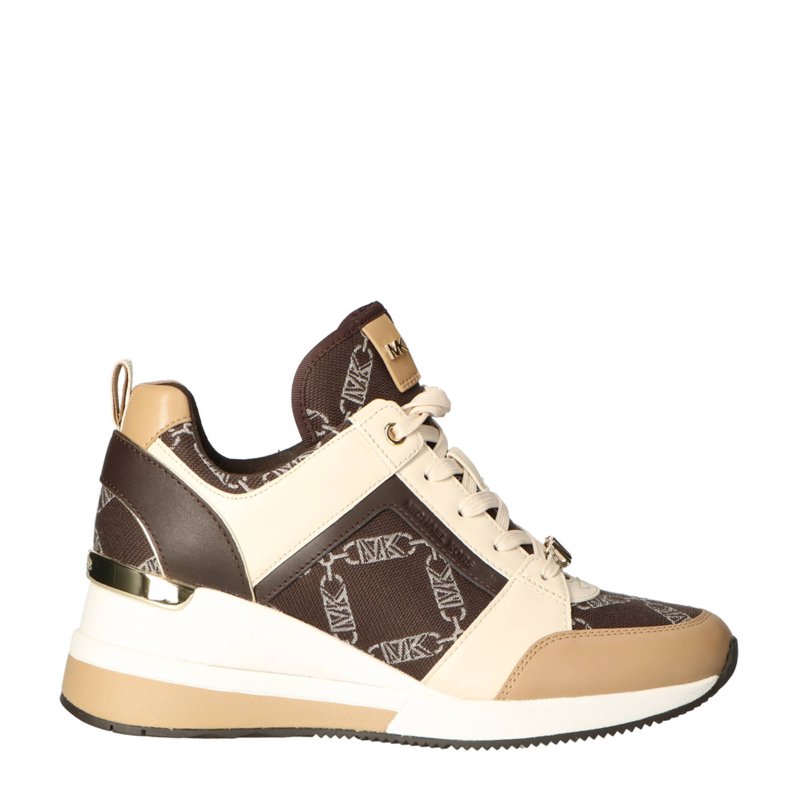 Michael Kors Georgie Trainer leren sneakers met sleehak bruin ecru wehkamp