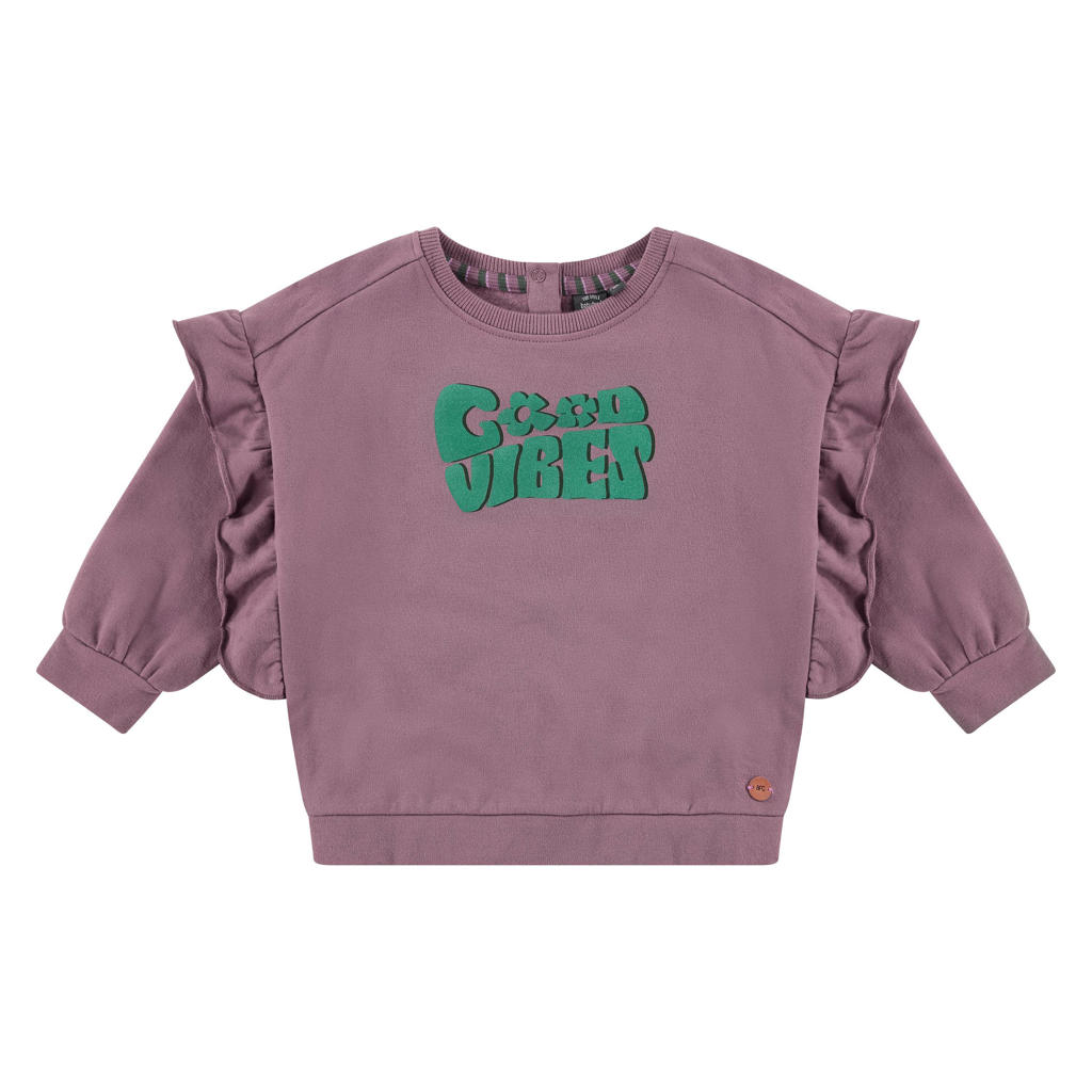 Paarse meisjes Babyface sweater van duurzaam katoen met tekst print, lange mouwen, ronde hals en drukknoopsluiting