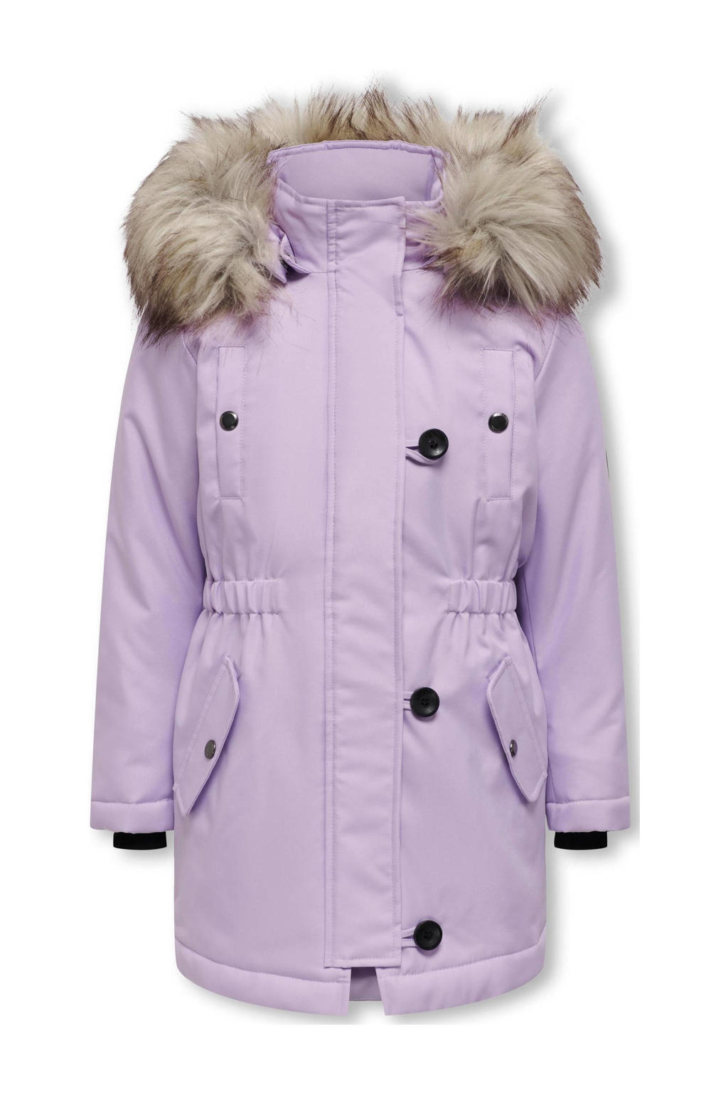 Lila en multikleurige meisjes KIDS ONLY GIRL winterjas multicolor met lange mouwen, capuchon, rits- en drukknoopsluiting en afneembare imitatiebontkraag