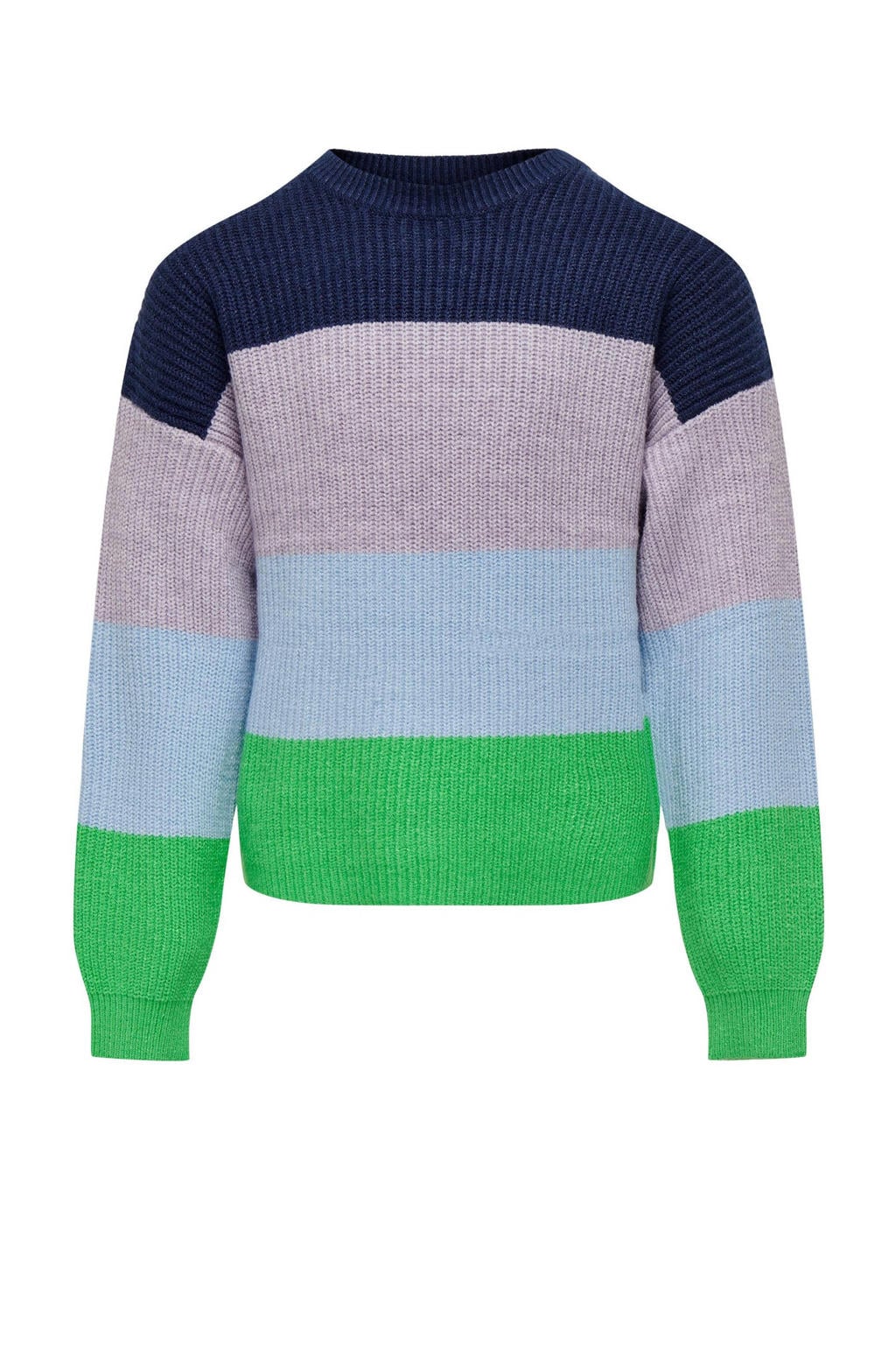 Groen en multikleurige meisjes KIDS ONLY gestreepte trui felgroen color van modal met lange mouwen, ronde hals en gebreide details