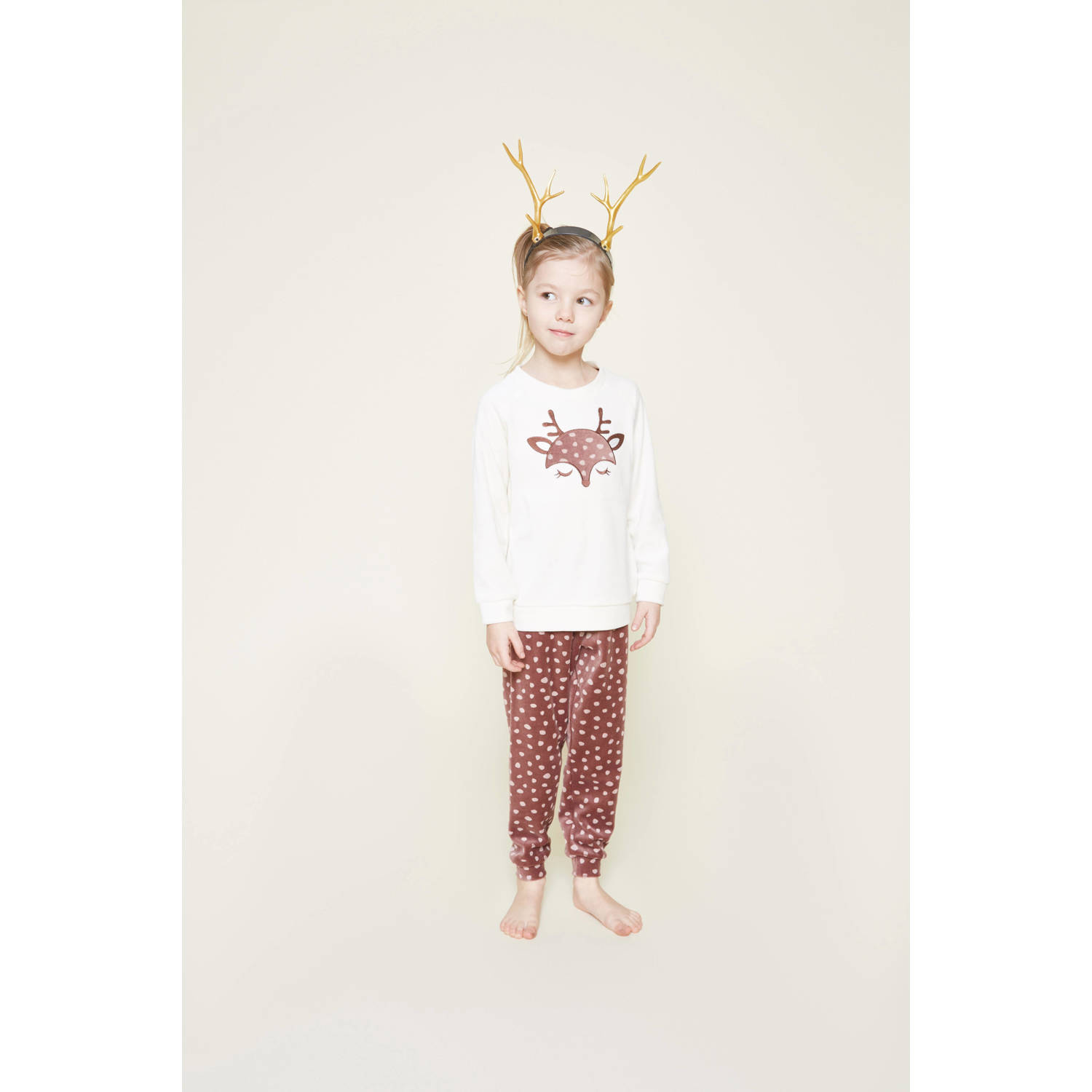 Charlie Choe velours pyjama met printopdruk wit bruin 110 116