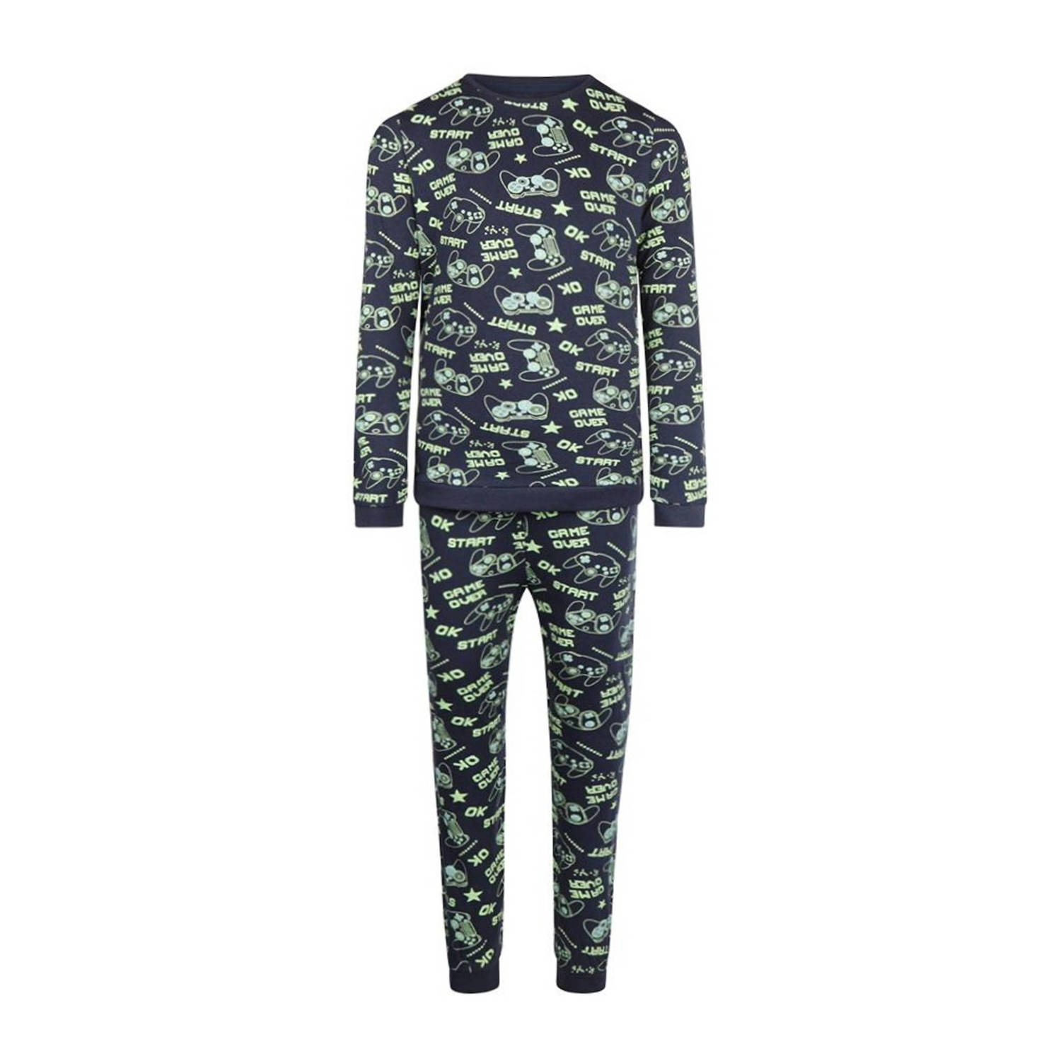 Charlie Choe pyjama met all over print donkerblauw groen Jongens Stretchkatoen Ronde hals 110 116