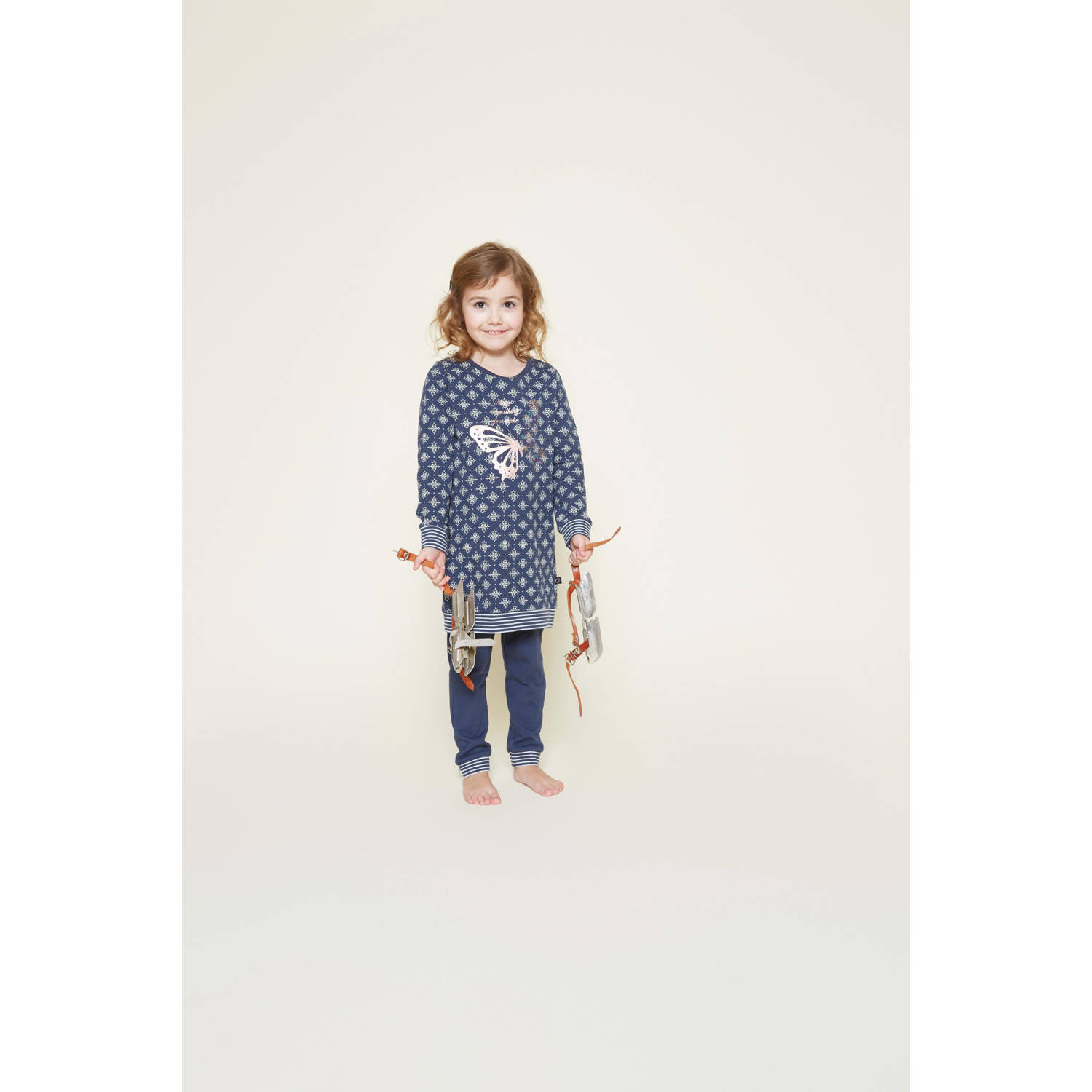 Charlie Choe pyjama met all over print donkerblauw wit Meisjes Stretchkatoen Ronde hals 110 116