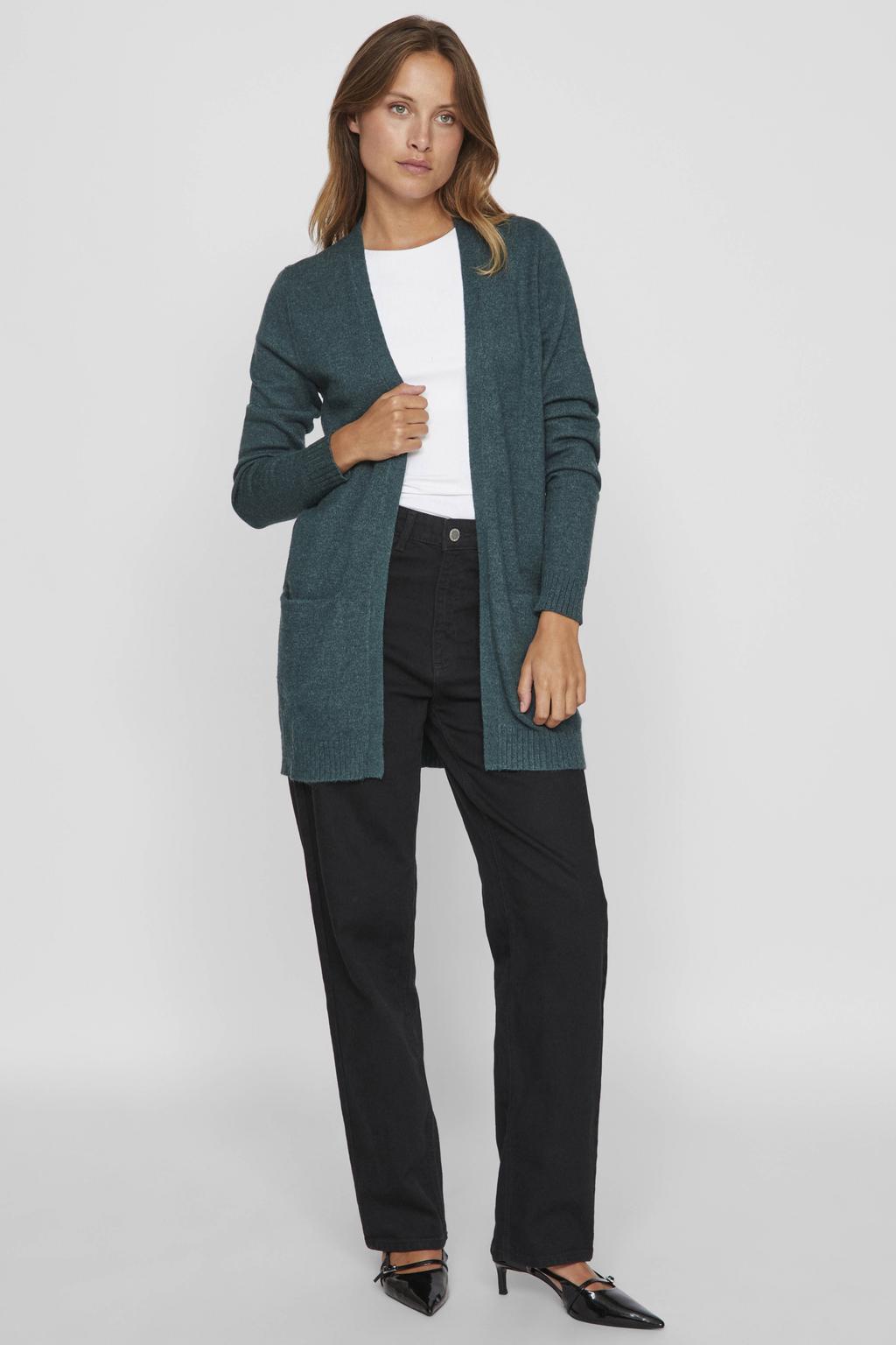 Donkergroene dames VILA gebreid vest van viscose met effen, lange mouwen en openvallende hals