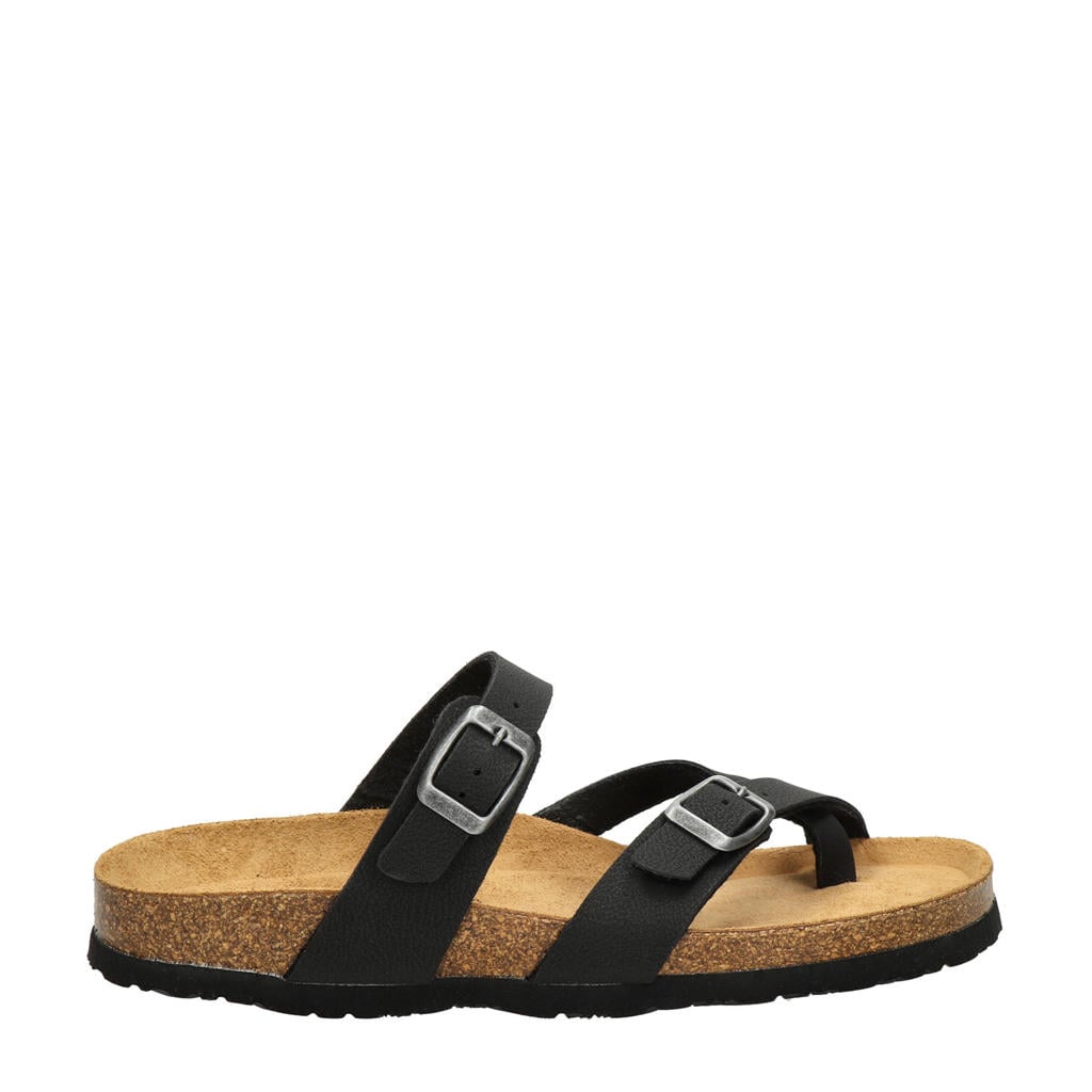 Zwarte dames Nelson slipper van imitatieleer met gesp