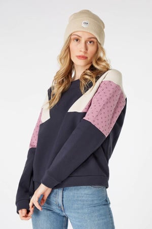 sweater NXGVESTA met grafische print blauw/ecru/roze