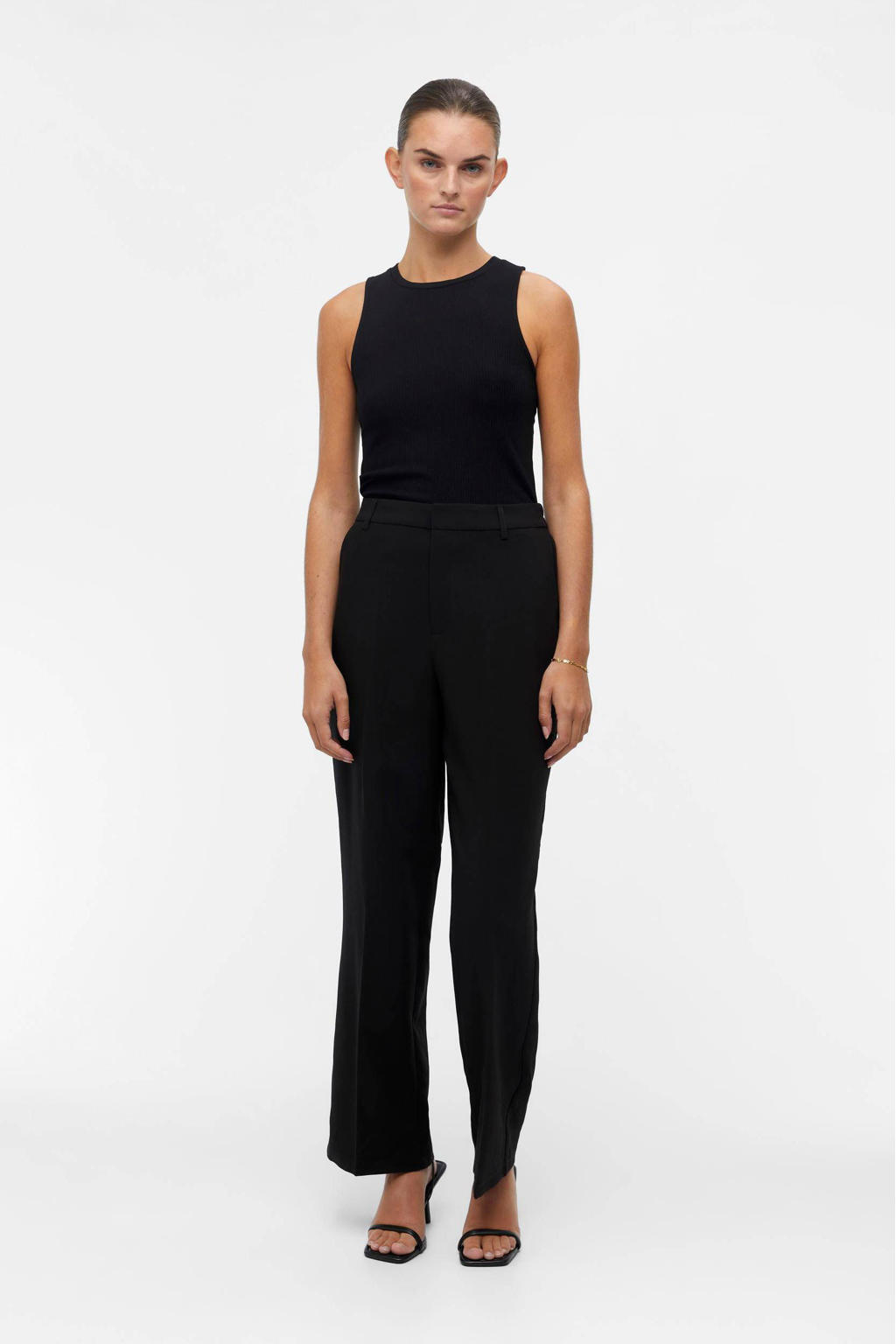 Zwarte dames OBJECT high waist wide leg pantalon van polyester met rits- en knoopsluiting en effen